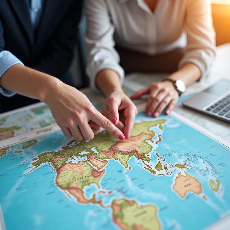 A travel agent pointing at a map with a client, planning an itinerary.