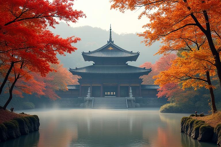 A tranquil Japanese temple surrounded by autumn foliage.