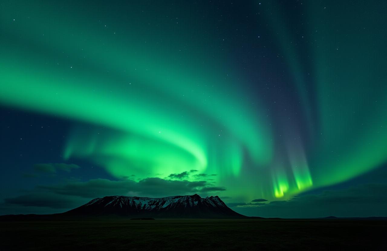 The brilliant green and purple lights of the Aurora Borealis over an Icelandic landscape.