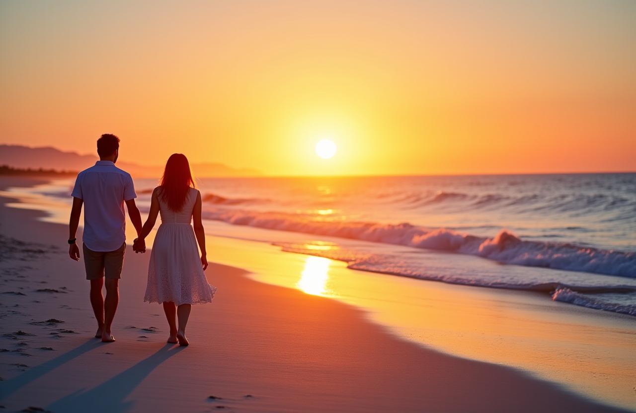 A couple walking hand-in-hand on a white sand beach at sunset.