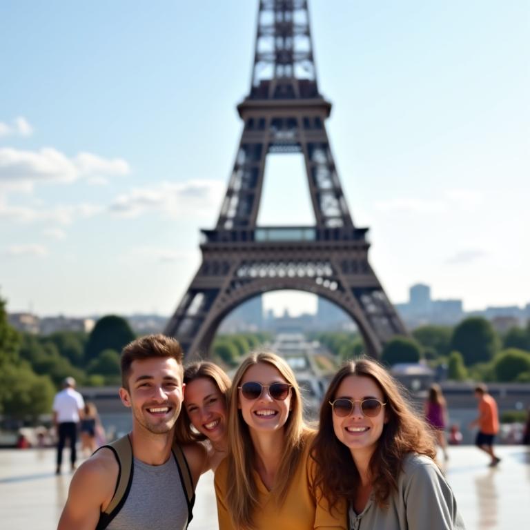 A family laughing and posing in front of the Eiffel Tower in Paris.