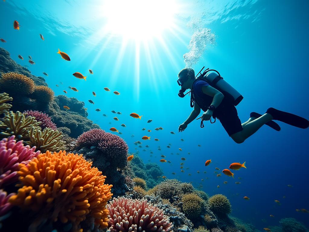 A scuba diver swimming alongside a colorful coral reef and tropical fish.