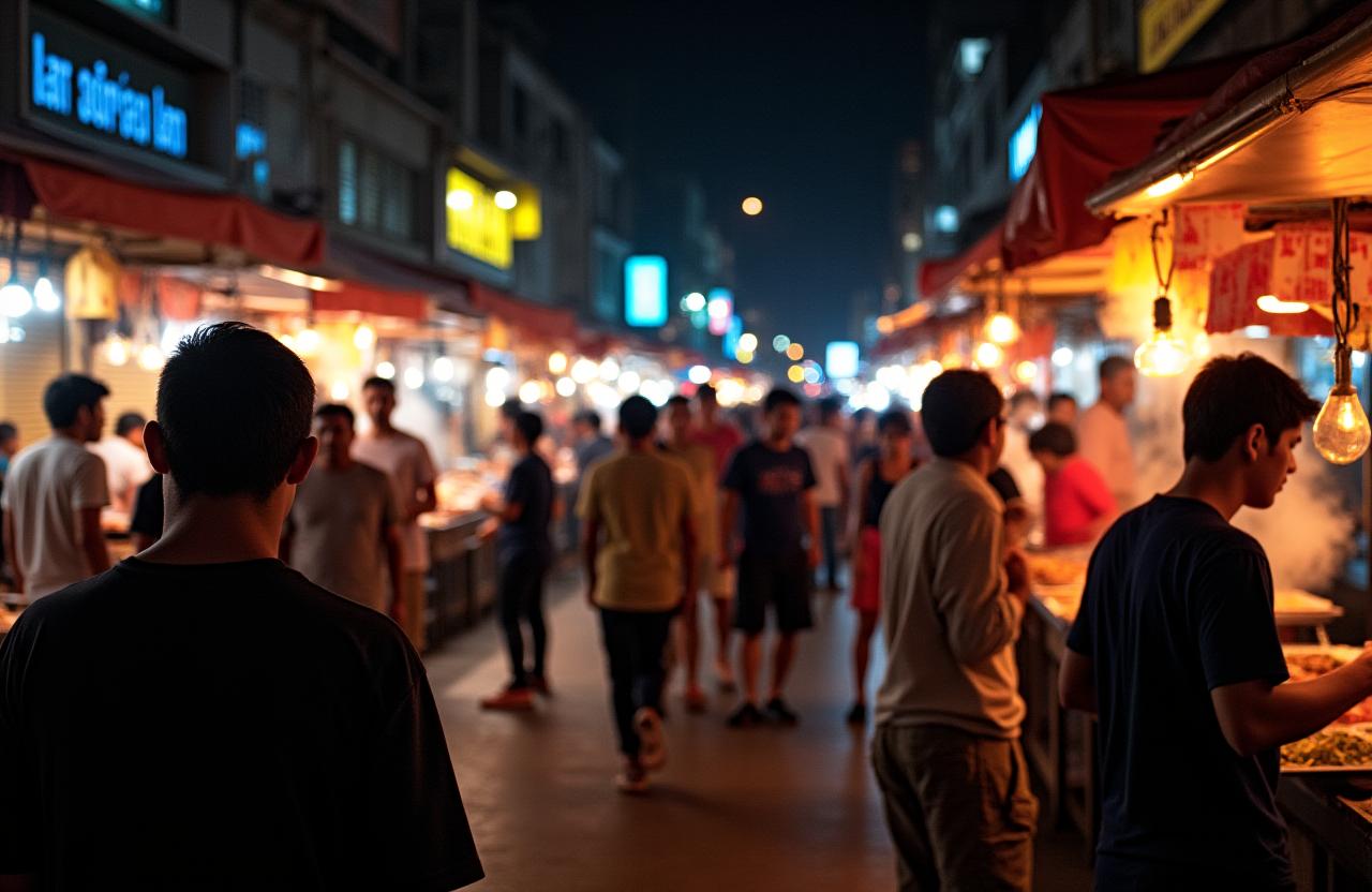 A vibrant and crowded street food market in Thailand at night.