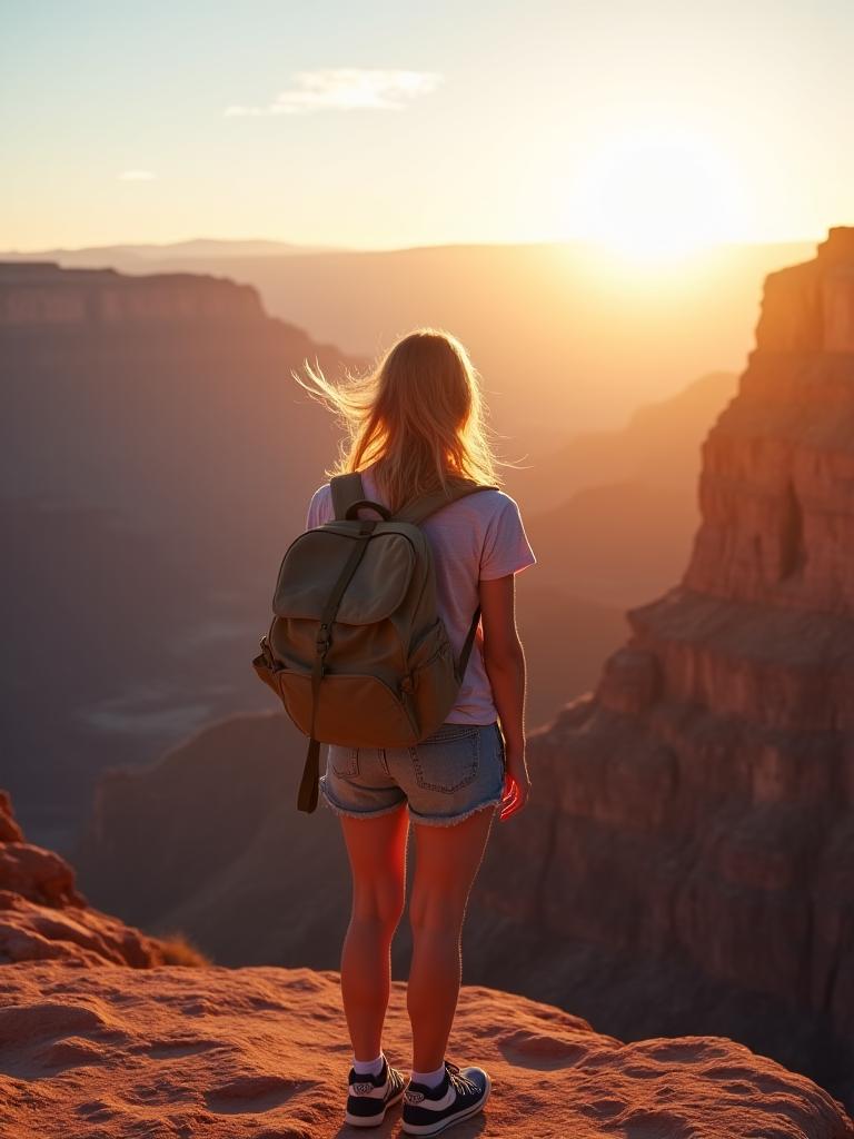A woman with a backpack looking out over a vast, sunlit canyon.