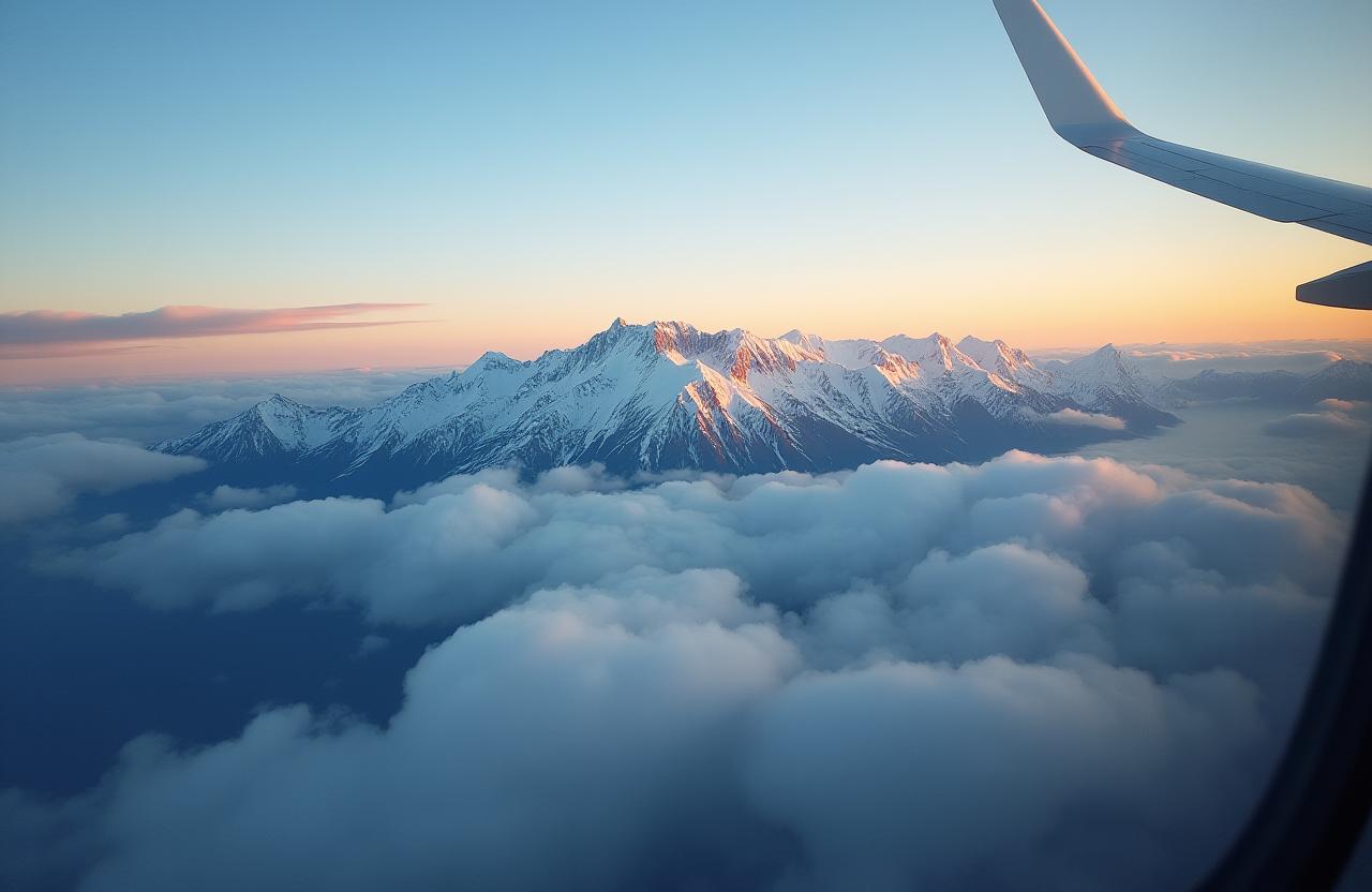 Breathtaking view of snow-capped mountains and clouds from an airplane window.